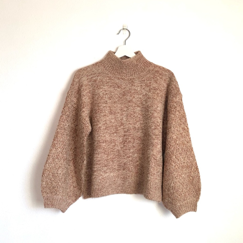 NWT Lush Camel Tan Mock Neck Balloon Sleeve Knit Sweater Size Small